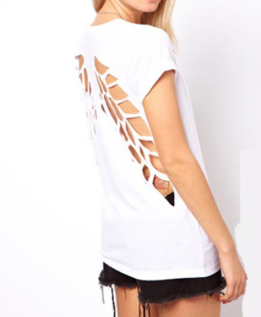 Amazon Back Burning Flower Laser Carving Hollow Angel Wings Black Round Neck Short Sleeve Women's T-shirt for Foreign Trade