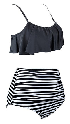 2022 European and American Foreign Trade Swimsuit Split High Waist bikini Striped Printed off-shoulder Ruffled Tube Top bikini
