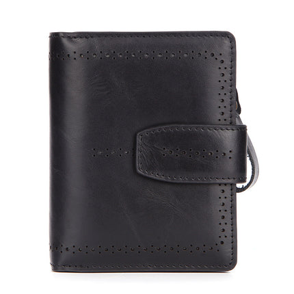 Women's Wallet Factory Supply New Rfid Genuine Leather Short Zipper Bag Oil Wax Cowhide Card Bag Rfid Protection