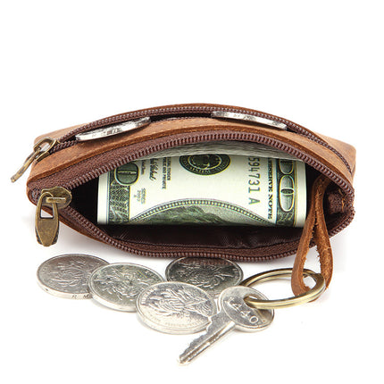 Hot Selling Genuine Leather Zipper Coin Purse Creative Korean Style Crazy Horse Cowhide Coin Bag Car Key Bag Bus Card Bag