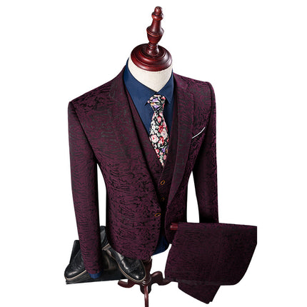 Printed Fashion Texture Dark Pattern Distinctive Pattern Wine Red Suit Set Three-Piece Men's Suit Performance Dress