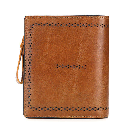 Women's Wallet Factory Supply New Rfid Genuine Leather Short Zipper Bag Oil Wax Cowhide Card Bag Rfid Protection