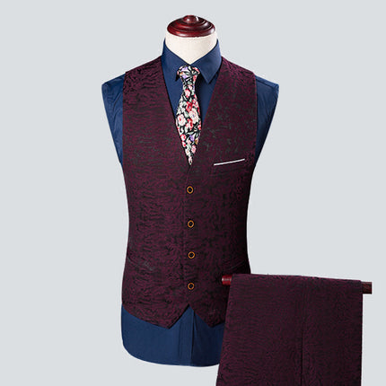 Printed Fashion Texture Dark Pattern Distinctive Pattern Wine Red Suit Set Three-Piece Men's Suit Performance Dress