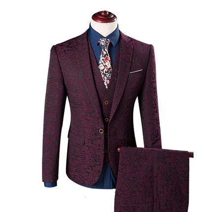 Printed Fashion Texture Dark Pattern Distinctive Pattern Wine Red Suit Set Three-Piece Men's Suit Performance Dress