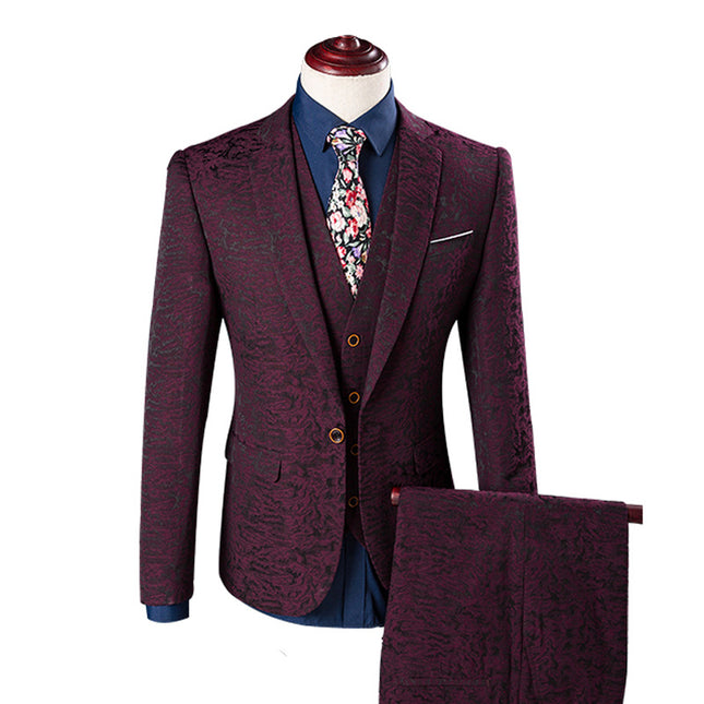 Printed Fashion Texture Dark Pattern Distinctive Pattern Wine Red Suit Set Three-Piece Men's Suit Performance Dress