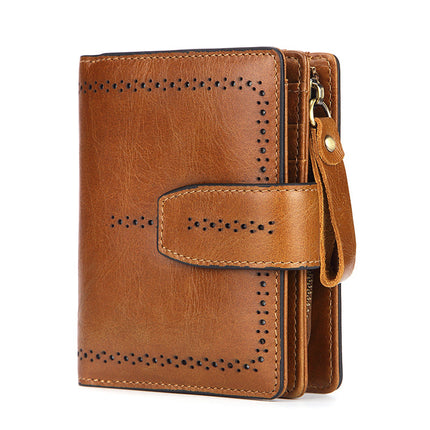 Women's Wallet Factory Supply New Rfid Genuine Leather Short Zipper Bag Oil Wax Cowhide Card Bag Rfid Protection