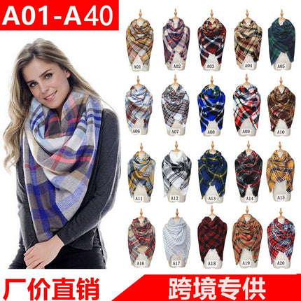 Cross-Border European and American Autumn and Winter Colorful Imitation Cashmere Plaid Square Scarf Plus Double-Sided Brushed Scarf and Shawl