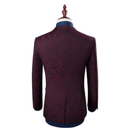 Printed Fashion Texture Dark Pattern Distinctive Pattern Wine Red Suit Set Three-Piece Men's Suit Performance Dress