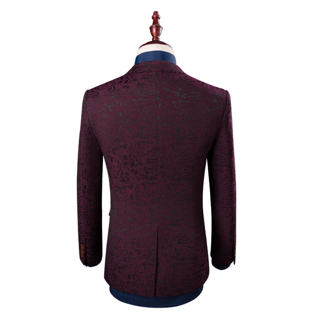 Printed Fashion Texture Dark Pattern Distinctive Pattern Wine Red Suit Set Three-Piece Men's Suit Performance Dress