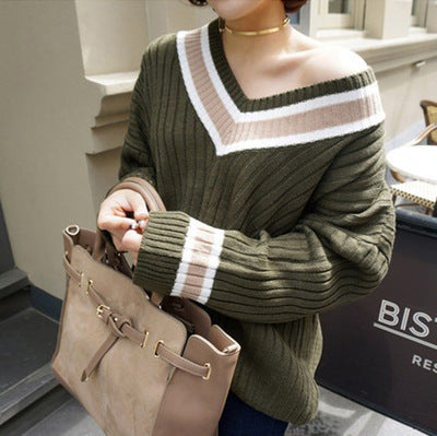 Foreign Trade Spring Retro Dark Green V-Neck Loose Broken Shoulder Striped Knitted Sweater Women's Pullover Shirt