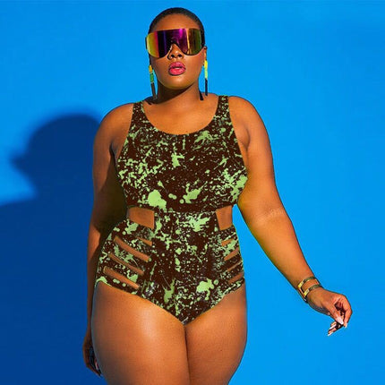 Cross-border new European and American women's plus size one-piece swimsuit high waist board strap AliExpress graffiti swimsuit bikini