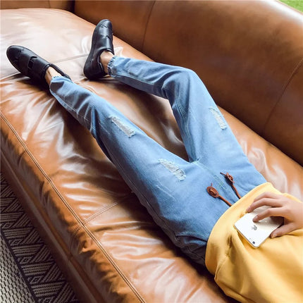 Autumn and Winter Nine-Point Jeans Men's Korean Style Trendyy 2025 New Slim-Fitting Teenagers Casual Stretch Pants