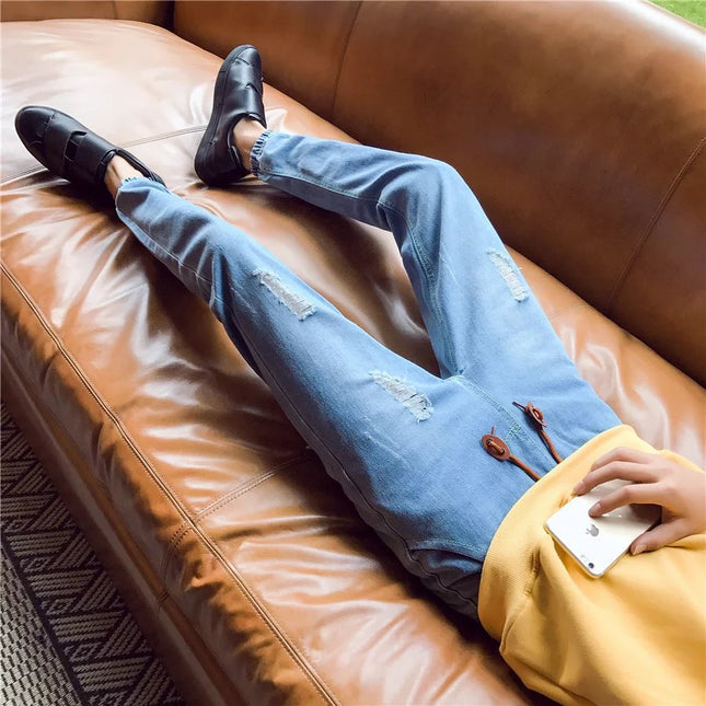 Autumn and Winter Nine-Point Jeans Men's Korean Style Trendyy 2025 New Slim-Fitting Teenagers Casual Stretch Pants