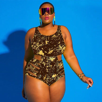 Cross-border new European and American women's plus size one-piece swimsuit high waist board strap AliExpress graffiti swimsuit bikini