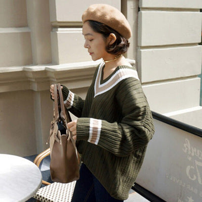 Foreign Trade Spring Retro Dark Green V-Neck Loose Broken Shoulder Striped Knitted Sweater Women's Pullover Shirt