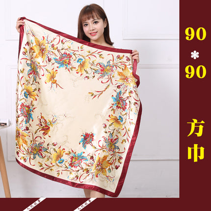 Spring and Autumn New 90 Square Scarf Printing Silk Satin Hangzhou Scarf Square Scarf Shawl Gift Factory Wholesale