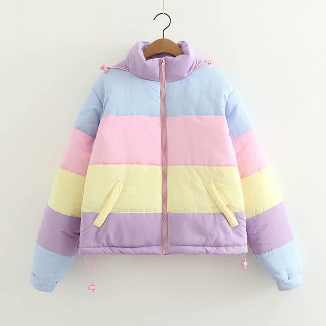 Japanese Style Soft Cute Girl Small Fresh Rainbow Contrasting Loose Thickeneded Cotton Outwear Outwear Female Winter Student Bread Outwear European and American