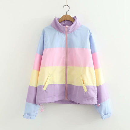 Japanese Style Soft Cute Girl Small Fresh Rainbow Contrasting Loose Thickeneded Cotton Outwear Outwear Female Winter Student Bread Outwear European and American