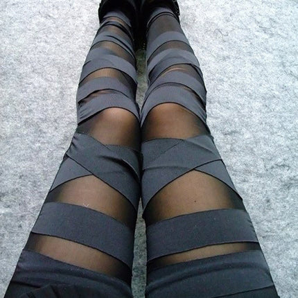 Spring and Autumn new women's high elastic plus size milk silk cross leggings mesh binding fake transparent cropped pants for women