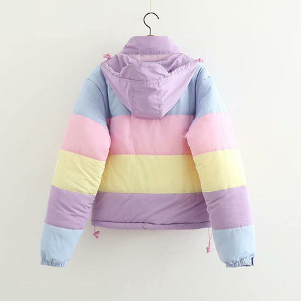 Japanese Style Soft Cute Girl Small Fresh Rainbow Contrasting Loose Thickeneded Cotton Outwear Outwear Female Winter Student Bread Outwear European and American