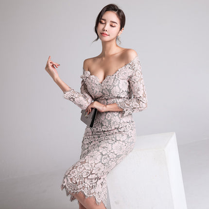 Elegant Lace V Neck Slim Sexy Dress 2023 Korean Style Women's Slimming Look Hip-Hugging Three-Quarter Sleeve Mid-Length Dress
