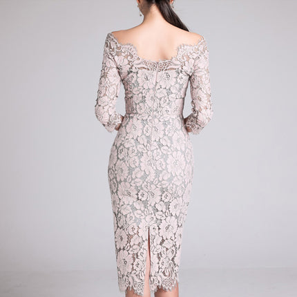 Elegant Lace V Neck Slim Sexy Dress 2023 Korean Style Women's Slimming Look Hip-Hugging Three-Quarter Sleeve Mid-Length Dress