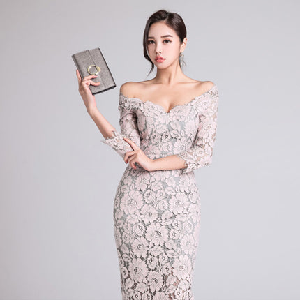 Elegant Lace V Neck Slim Sexy Dress 2023 Korean Style Women's Slimming Look Hip-Hugging Three-Quarter Sleeve Mid-Length Dress