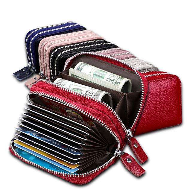 Genuine Leather Card Holder rfid organ card holder women's Korean-style double zipper card holder in stock coin purse one-piece delivery