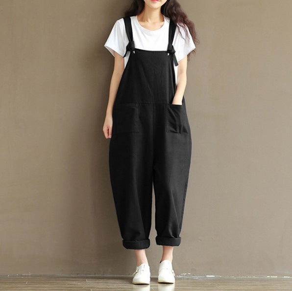 Factory direct supply of European and American plus size literature retro dark blue sanding cotton strap casual pants women 1701