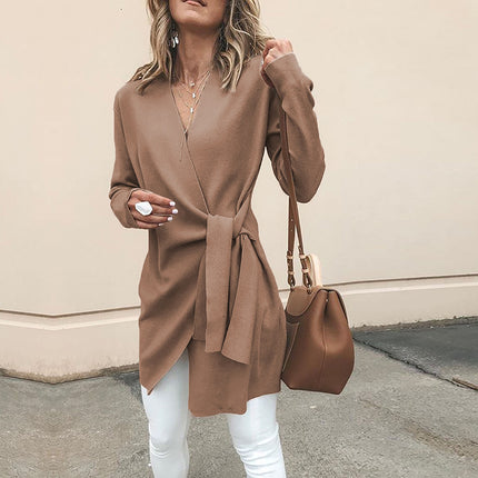 European and American style autumn and winter long sleeve lace-up slim slim size coat women's irregular cardigan top wholesale