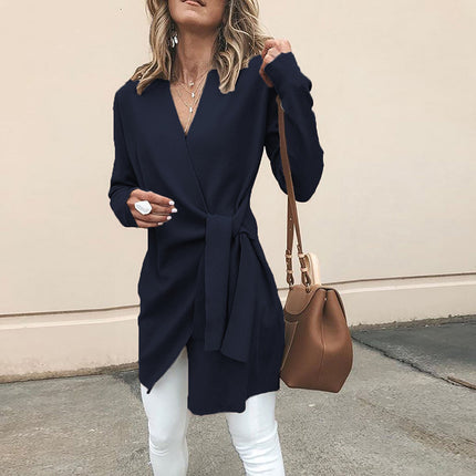 European and American style autumn and winter long sleeve lace-up slim slim size coat women's irregular cardigan top wholesale