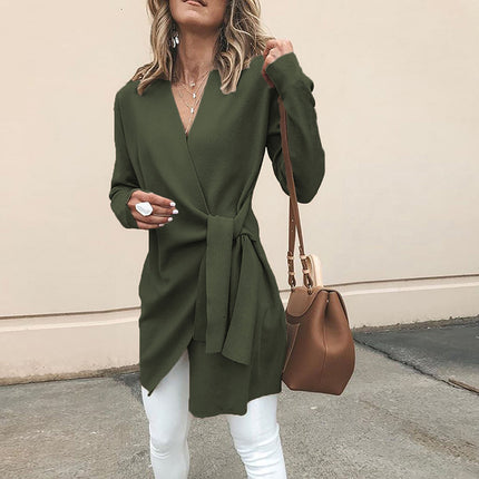 European and American style autumn and winter long sleeve lace-up slim slim size coat women's irregular cardigan top wholesale