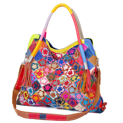 Cross-border best selling leather women's bags wholesale colorful color contrast handmade flower personality ladies shoulder slung leather bags