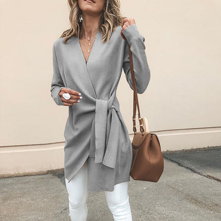 European and American style autumn and winter long sleeve lace-up slim slim size coat women's irregular cardigan top wholesale