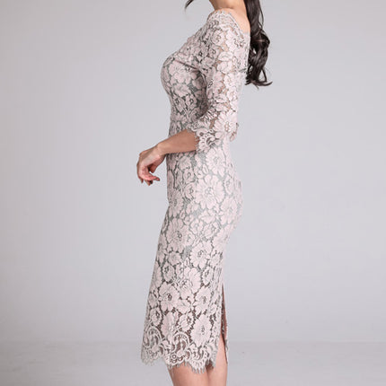 Elegant Lace V Neck Slim Sexy Dress 2023 Korean Style Women's Slimming Look Hip-Hugging Three-Quarter Sleeve Mid-Length Dress