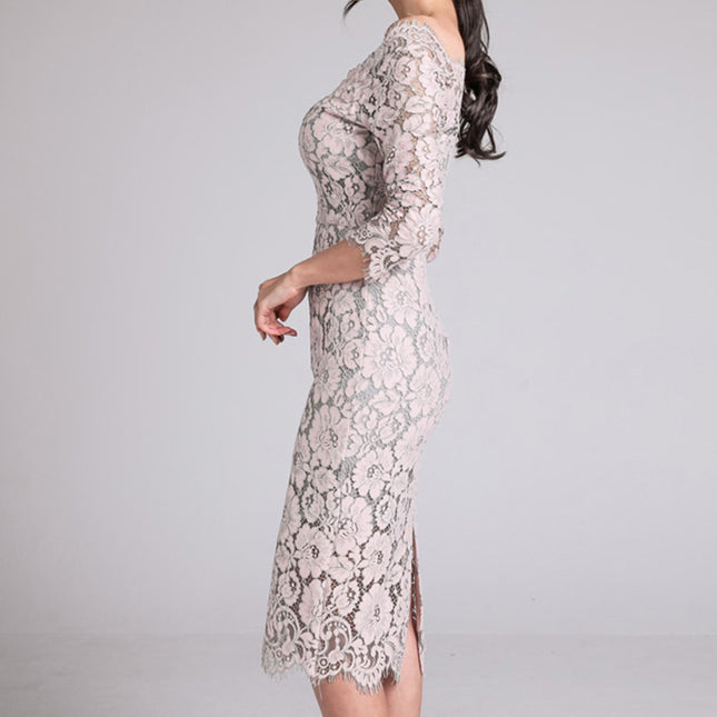 Elegant Lace V Neck Slim Sexy Dress 2023 Korean Style Women's Slimming Look Hip-Hugging Three-Quarter Sleeve Mid-Length Dress