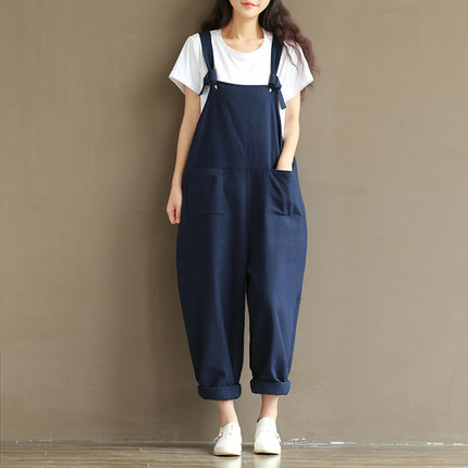 Factory direct supply of European and American plus size literature retro dark blue sanding cotton strap casual pants women 1701