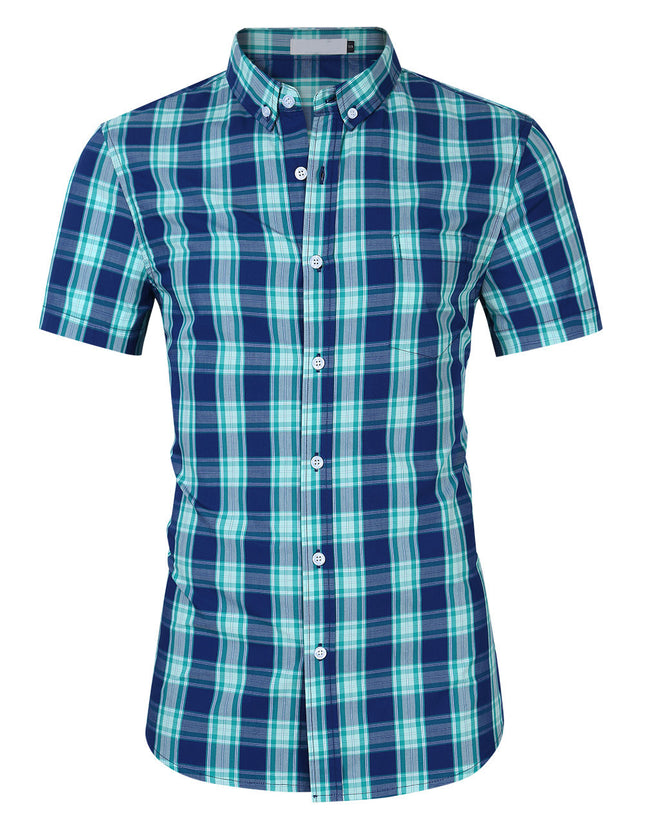 Amazon Cross-border Summer New European and American Large Size Men's Short-sleeved Lapel Plaid Shirt Men's Cotton Casual Shirt