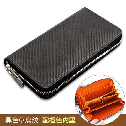 Cross-border exclusive for new straw mat pattern ultra-fiber leather long men's wallet carbon fiber women's handbag OEM custom