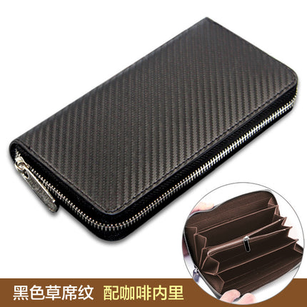Cross-border exclusive for new straw mat pattern ultra-fiber leather long men's wallet carbon fiber women's handbag OEM custom