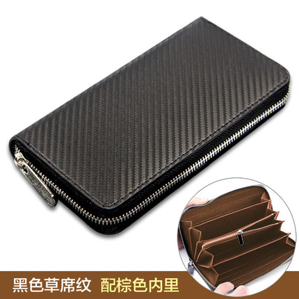 Cross-border exclusive for new straw mat pattern ultra-fiber leather long men's wallet carbon fiber women's handbag OEM custom