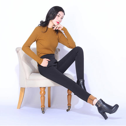 New fleece-lined 100.00kg Chubby M Fall/Winter Pants Women's High Waist Outerwear Mom's Elastic Warm Elastic Slim Casual Pants
