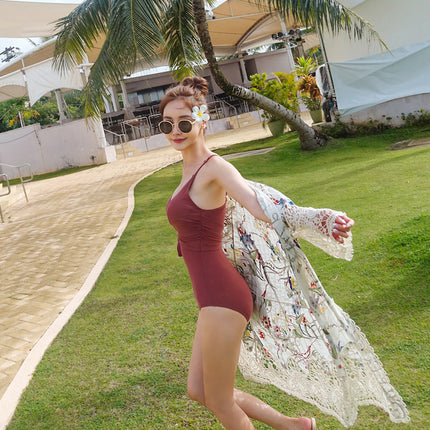 New Backless Sexy Low-Cut Suspender One-Piece Slim Fit Swimsuit Retro Lace-Up Hot Spring Casual Korean Swimsuit