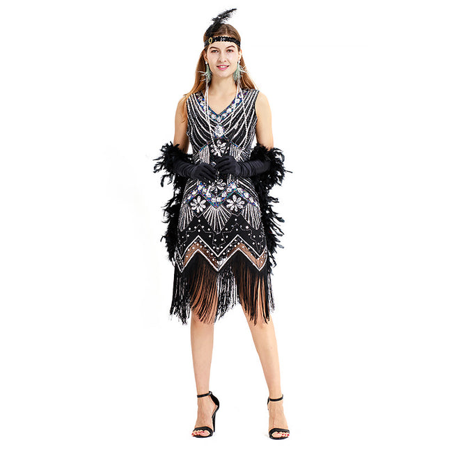 S-4Xl Amazon Wish Real Shot 1920S Retro Sequin Dress Handmade Beaded Tassel Plus Size Evening Dress