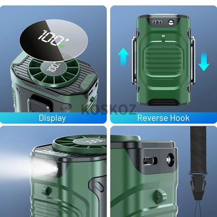 Portable Waist Fan with 10 Speed, Clip on Wearable Personal Fan with Flashlight, Hands-Free Hanging Neck Fans, Outdoor Camping