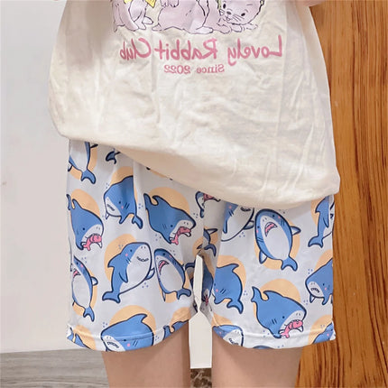 Sleeping Pants Men Cartoon Cute Shark Animal Pattern Loose Lightweight Breathable Elasticated Waistband Pajama Shorts Women