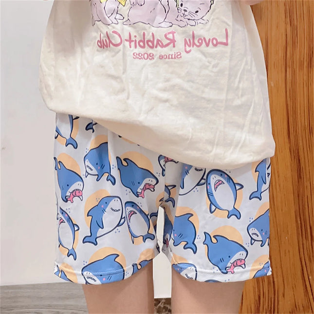 Sleeping Pants Men Cartoon Cute Shark Animal Pattern Loose Lightweight Breathable Elasticated Waistband Pajama Shorts Women