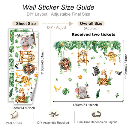 Jungle Animals Wall Stickers for Kids Room, Safari Monkey Giraffe Elephant Lion Wall Decals, Peel and Stick Nursery Wall Decor