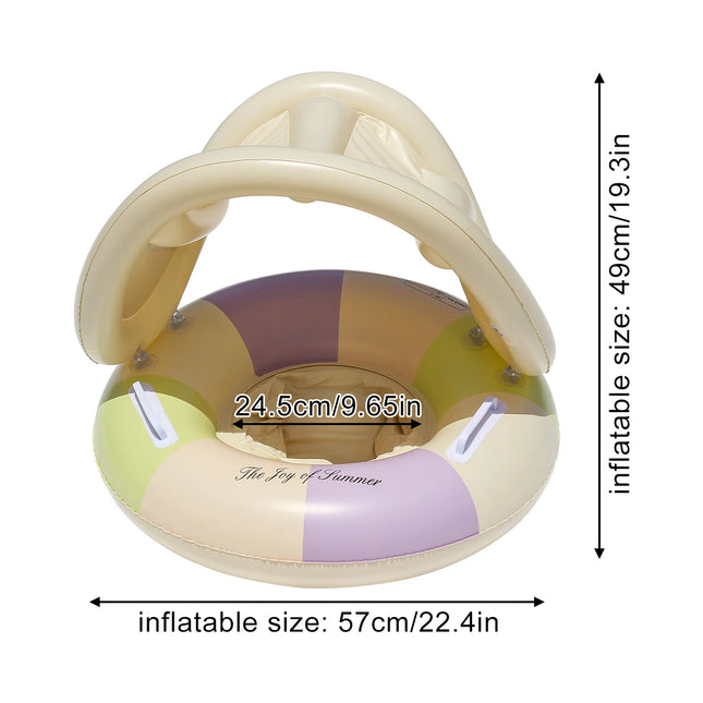 1PC Swimming Ring Inflatables with Detachable Canopy Sun Protection, Stripy Cartoon Float Seat with Handles for Boys Girls