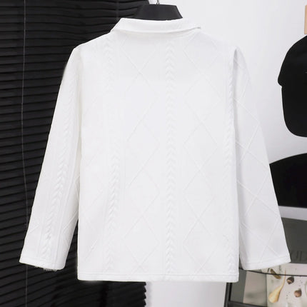 Girl's white twisted flower knitted polo shirt with long sleeved textured collar top, for gifting and going out.